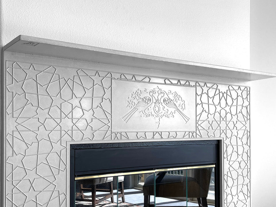 Modern Living Room: Custom Emboss Design Concrete Fireplace | Handmade UHPC, Fiberglass Reinforced | Waterproof, Weatherproof, Customizable.