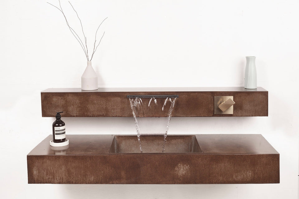 Unique 54" Concrete Waterfall Sink. Handmade UHPC, Fiberglass reinforced. Waterproof, weatherproof, food-safe. Modern Luxury Bathroom Ideas