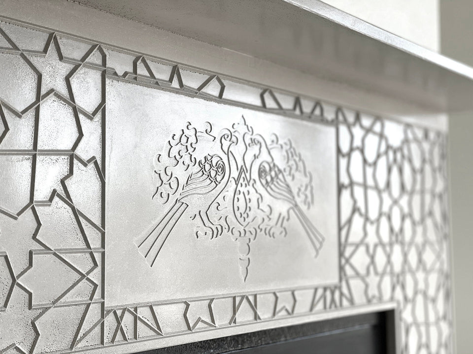 Modern Living Room: Custom Emboss Design Concrete Fireplace | Handmade UHPC, Fiberglass Reinforced | Waterproof, Weatherproof, Customizable.