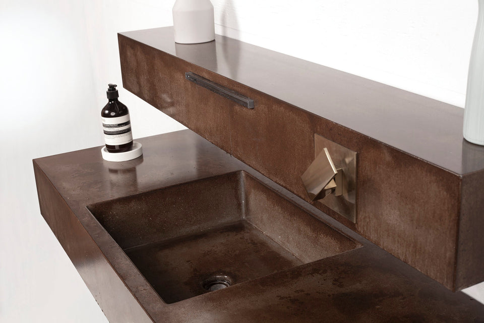 Unique 54" Concrete Waterfall Sink. Handmade UHPC, Fiberglass reinforced. Waterproof, weatherproof, food-safe. Modern Luxury Bathroom Ideas