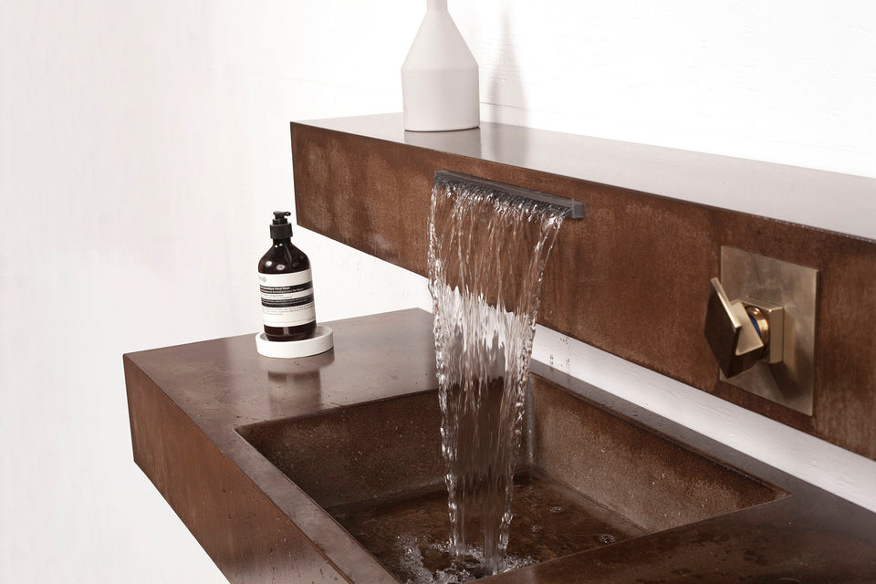 Unique 54" Concrete Waterfall Sink. Handmade UHPC, Fiberglass reinforced. Waterproof, weatherproof, food-safe. Modern Luxury Bathroom Ideas