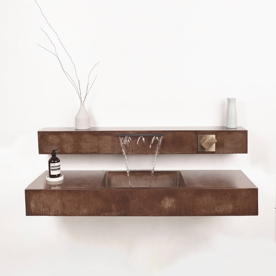 Unique 54" Concrete Waterfall Sink. Handmade UHPC, Fiberglass reinforced. Waterproof, weatherproof, food-safe. Modern Luxury Bathroom Ideas