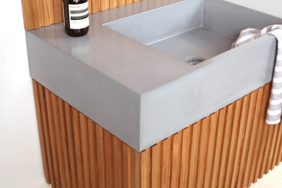 Modern Vanity Concrete Sink Strip, Design Single Sink, 2'-10'' X 1'-10'', 1 Concrete Sink, 1 Wood Vanity and 1 Backsplash, and 1 Mirror