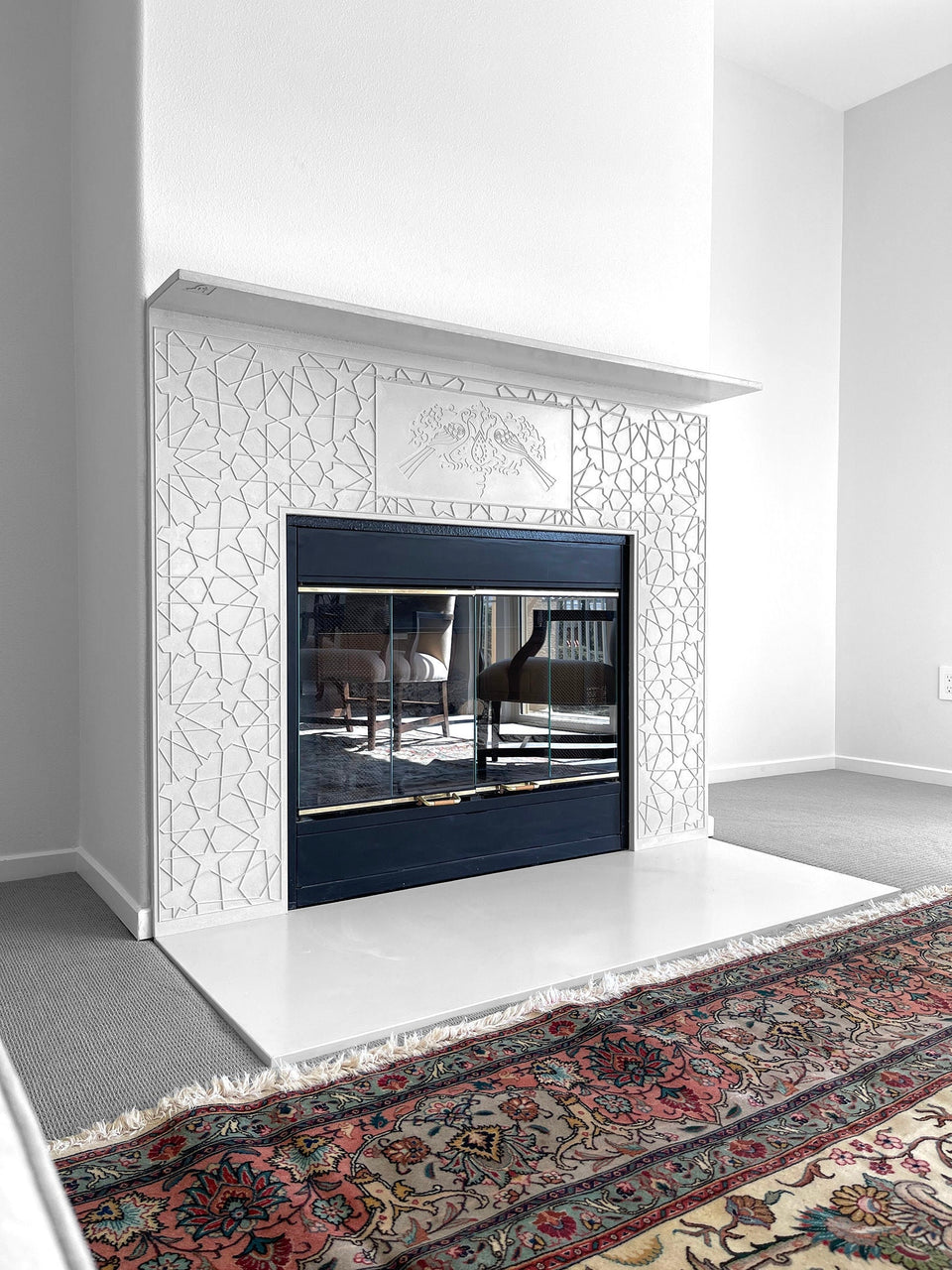 Modern Living Room: Custom Emboss Design Concrete Fireplace | Handmade UHPC, Fiberglass Reinforced | Waterproof, Weatherproof, Customizable.