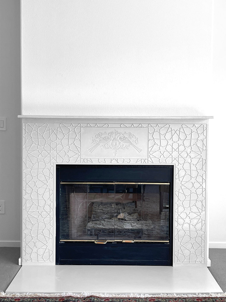 Modern Living Room: Custom Emboss Design Concrete Fireplace | Handmade UHPC, Fiberglass Reinforced | Waterproof, Weatherproof, Customizable.