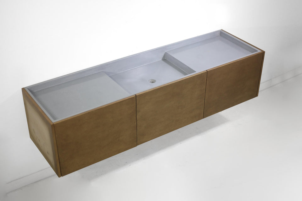 Concrete Sink and Vanity, Wall hang floating, Elegant, Minimalistic, bathroom idea, modern look, simple, handmade, artisan concrete, wood
