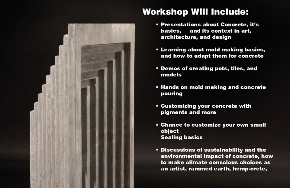 Concrete Design and Fabrication Workshop - In-Person - June 26, 27, 28 2.5-day- concrete workshop for Artists, Designer, and Architects.