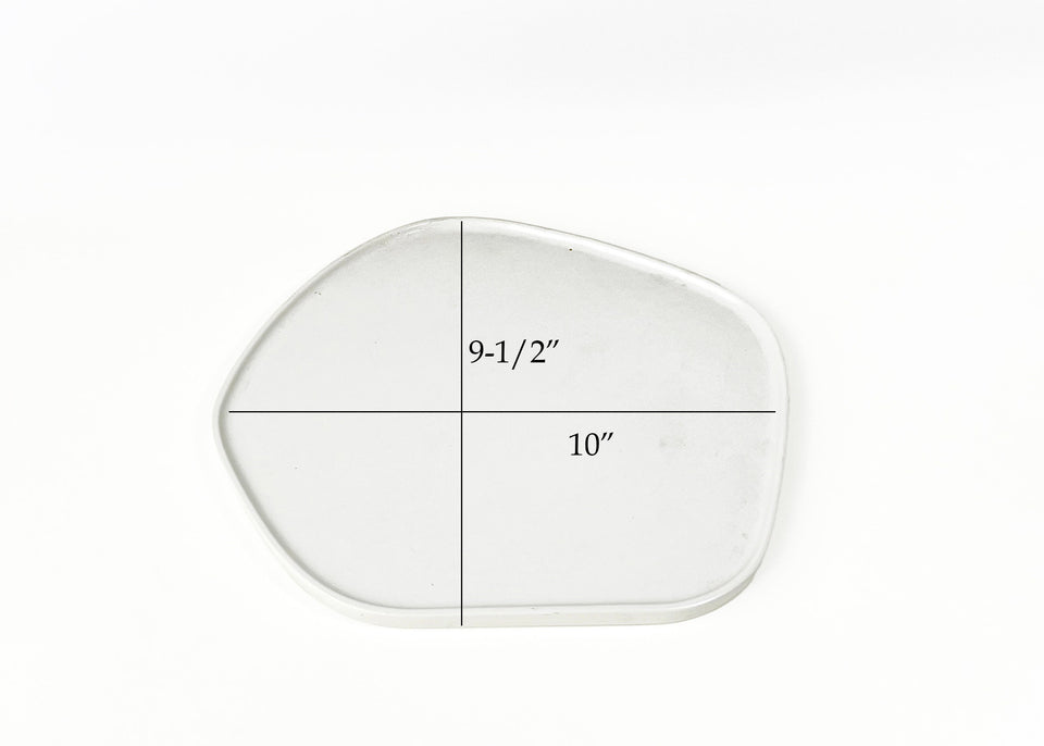 medium Off-White Organic shaped tray y pictured with dimensions 10 inches long, 9.5 inches wide