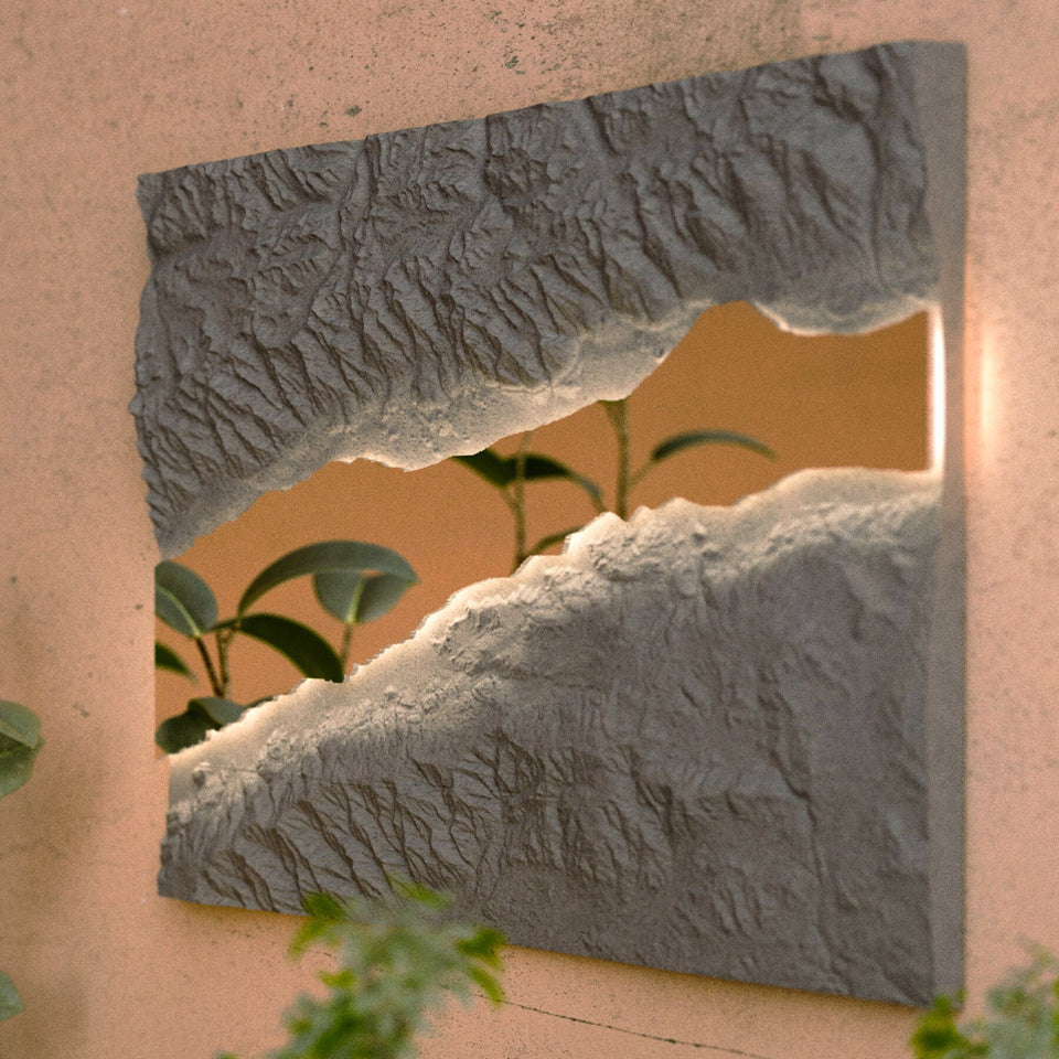 River Canyon 3D Backlit Mirror in Concrete Frame - Handcrafted Nature-Inspired Decor for a Unique Home Gift with GFRC Construction.