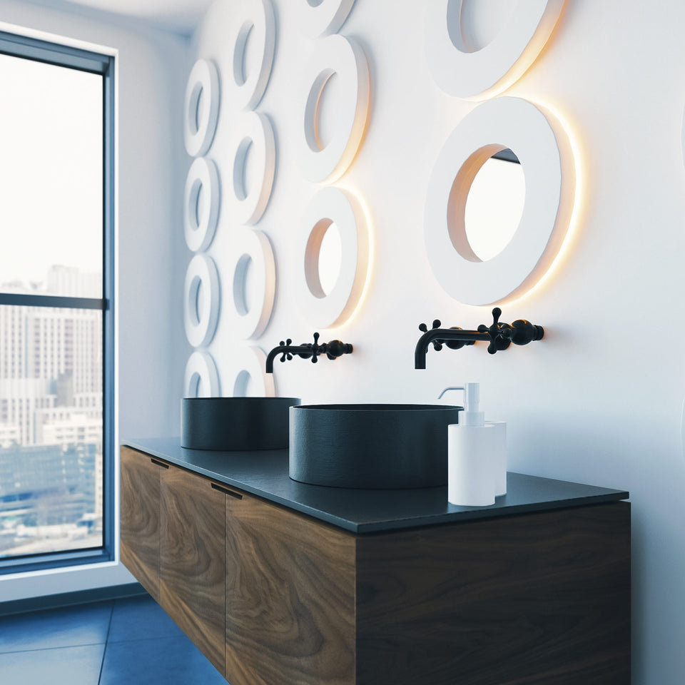 Concrete Bathroom Vanity Circle Design with Mirrors